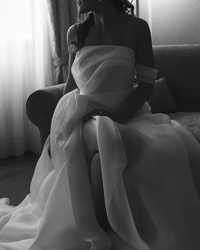 Bride sitting on the sofa