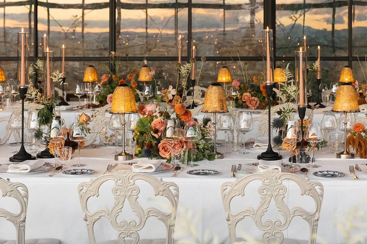 double tables inside a lemon house at sunset