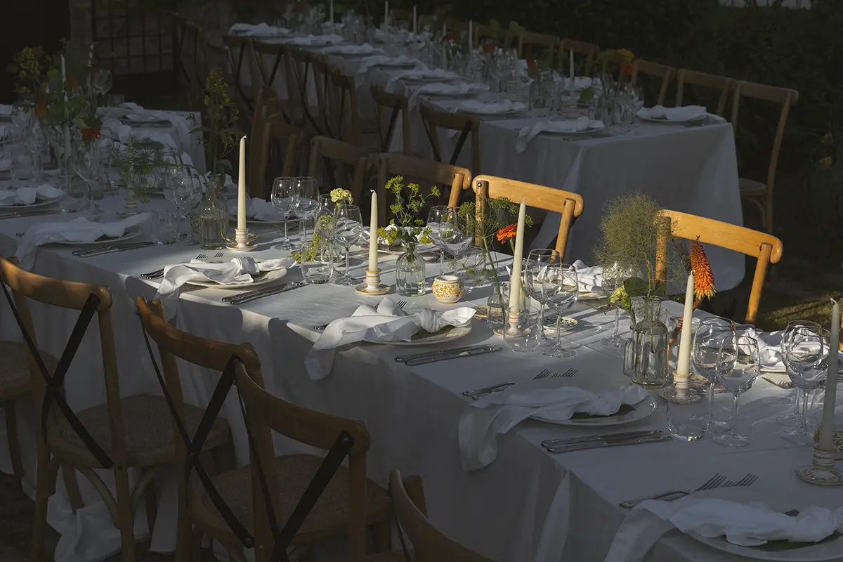 Tables set up for a wedding at Castello di Petrata