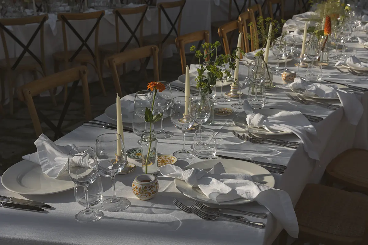 Tables set up for a wedding at Castello di Petrata